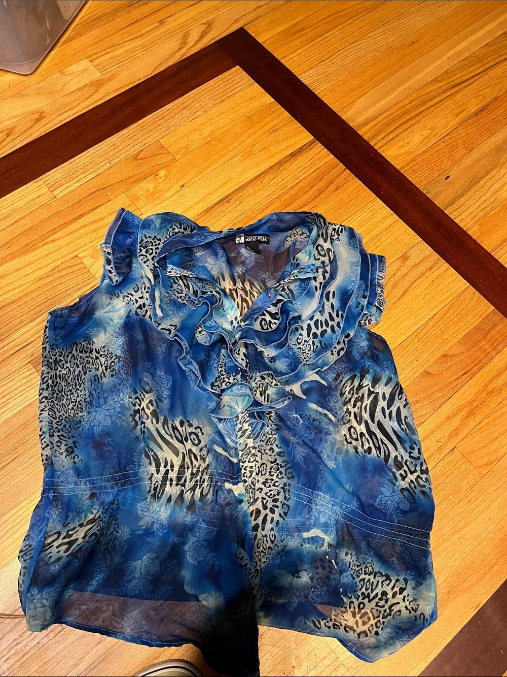 Blue Ruffled Animal Print Sleeveless Blouse